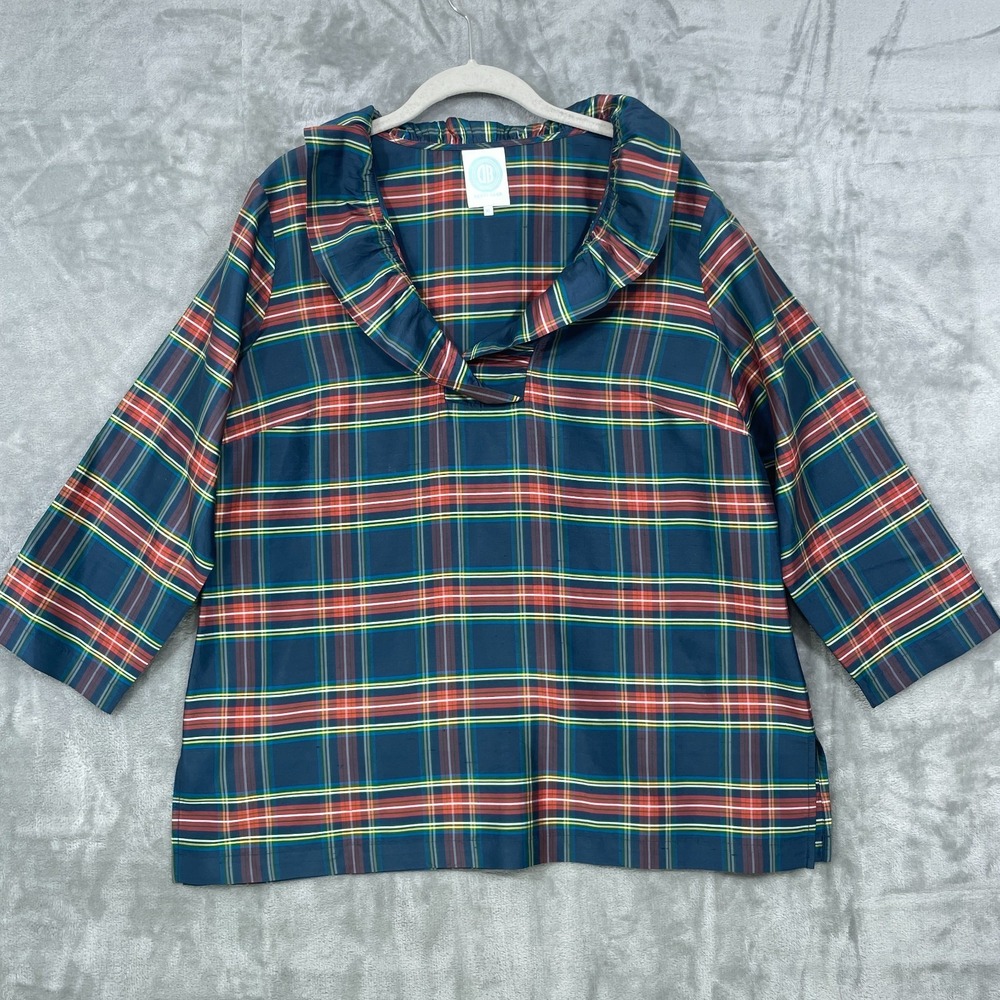 Tuckernuck Devon Baer‎ 100% Silk Stewart Shirt Women XL Plaid Blue Ruffle Collar